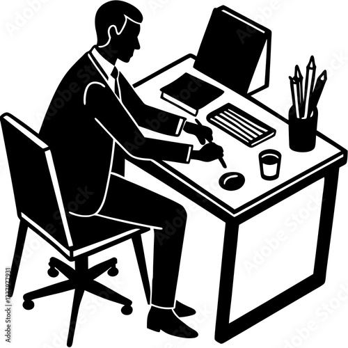 Silhouette of a person sitting at an office desk, engaged in planning and strategizing 