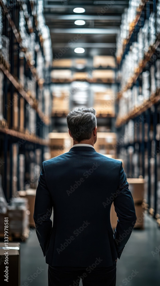 A business leader standing before a vast inventory in a high-tech distribution center, symbolizing authority in the wholesale industry A business leader standing before a vast inventory in a high-tech distribution center, symbolizing authority in the wholesale industry