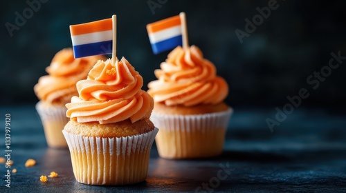 Koningsdag cupcakes with dutch flags celebrating king's day in the netherlands. Sweets with flag of Netherlands. King's Day. Horizontal banner. Copy space