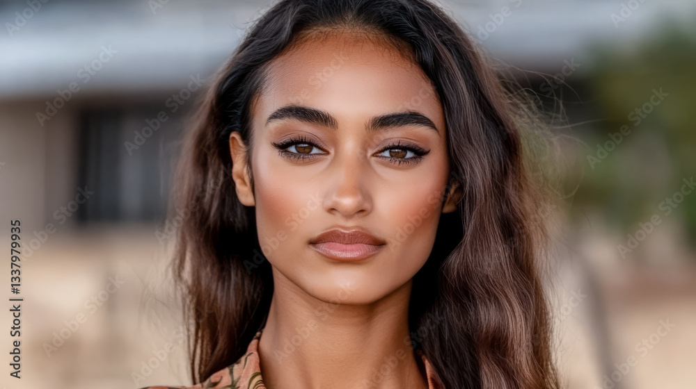 Obraz premium Elegant model showcases natural beauty at beachside location during golden hour
