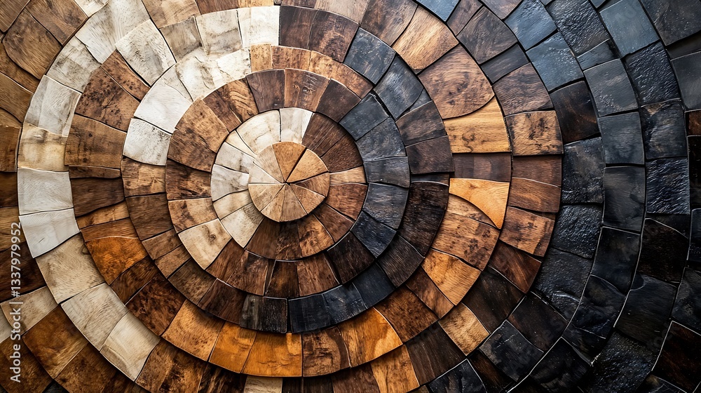 Fototapeta premium A sophisticated mosaic pattern of wooden tiles arranged in concentric circles, with polished finishes and a mix of dark and light stains, creating an elegant and textured wall decor piece. --ar 16:9
