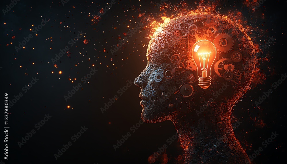 A human head with intricate gears and a glowing light bulb, symbolizing artificial intelligence powering creative solutions, ultrarealistic, highdefinition, cinematic style A human head with intricate gears and a glowing light bulb, symbolizing artificial intelligence powering creative solutions, ultrarealistic, highdefinition, cinematic style