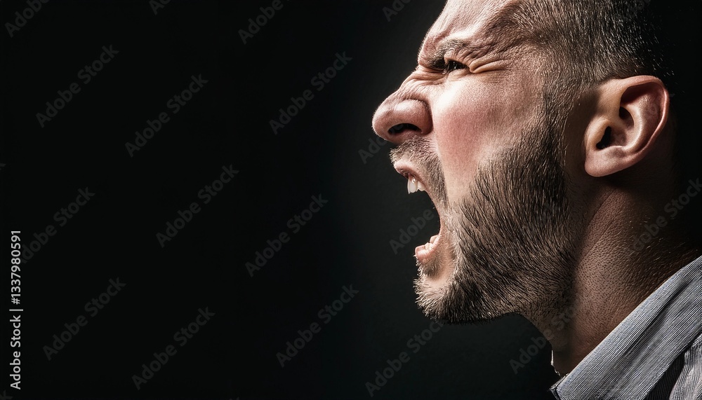 Obraz premium Close-up portrait of an angry man screaming with intense facial expression. Dramatic lighting highlights his rage and emotions against a dark background, emphasizing tension, aggression, and frustrati