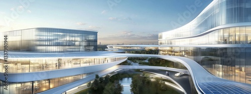 Solar-powered technology hub showcases sustainable design and innovation. Generative AI