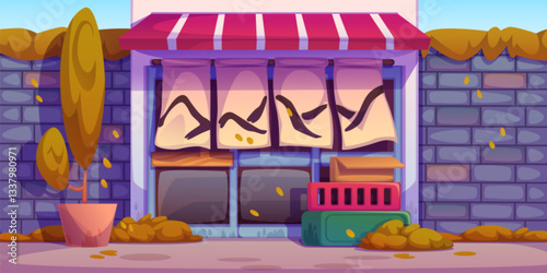 Japanese traditional curtained storefront with autumn decor - falling leaves, potted plants, store sign on brick wall. Cartoon vector Chinese cityscape illustration for urban background design.