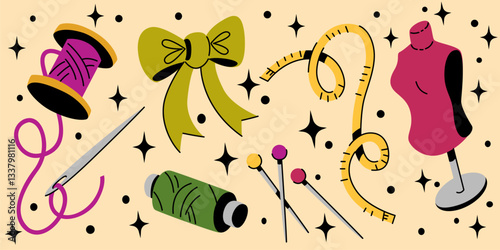 Sewing accessories set in cartoon style - needle and thread spools, ribbon bow and measuring tape, mannequin and pushpins. Colorful flat vector diy crafts, tailoring, needlework design elements.
