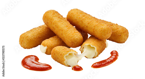 Crispy Mozzarella Sticks with Dipping Sauce Appetizer on White Background