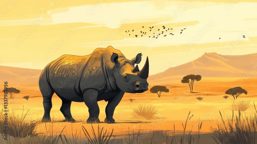 Fototapeta premium African Rhino in Golden Hour Savanna Sunset