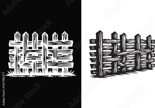Rustic Wooden Fence Silhouette Vector Illustration