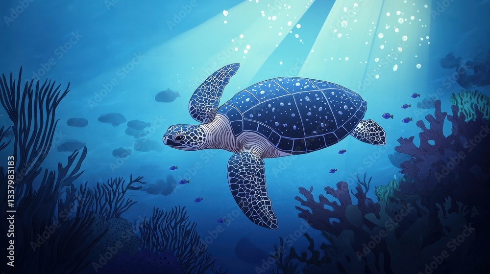 Obraz premium Pixel Art Sea Turtle in a Deep Blue Ocean Coral Reef
