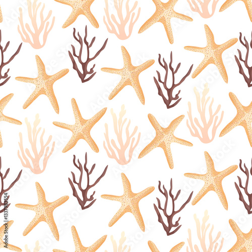 Nautical seashell and starfish design for summer vibes
Ocean-inspired seamless pattern with shells and coastal elements