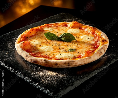 A classic cheese pizza with a golden crust, being served on a black slate plate with dramatic lighting, emphasizing the rich texture of melted cheese and tomato sauce
