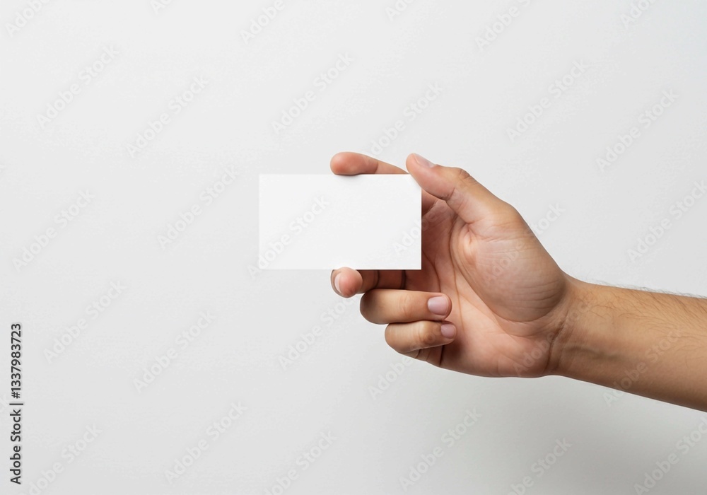 Obraz premium The image captures a hand holding a blank white card against a clean white background, creating a minimalist mockup for business or invitation presentations