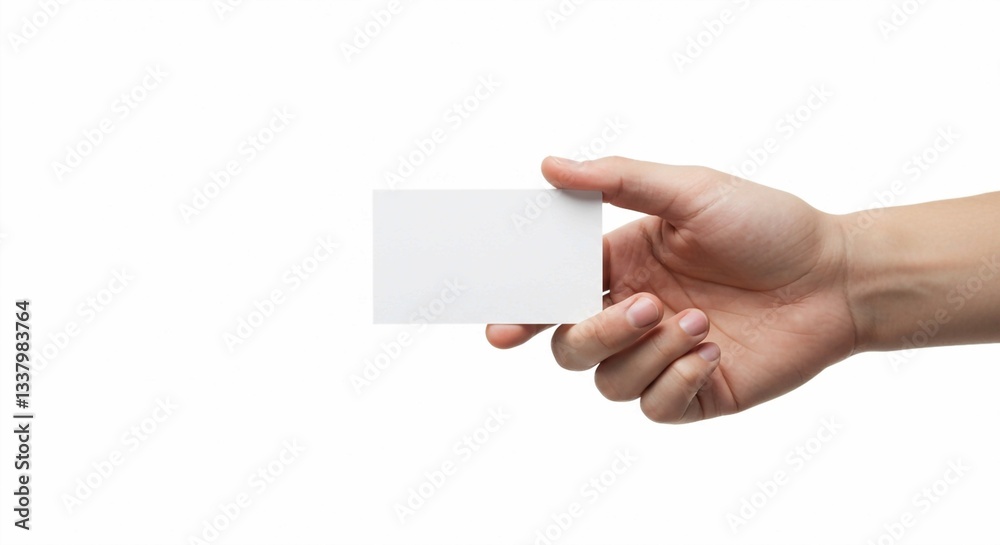 Obraz premium Creating a minimalist mockup for business or invitation presentations, a hand holds a blank white card against a clean white background