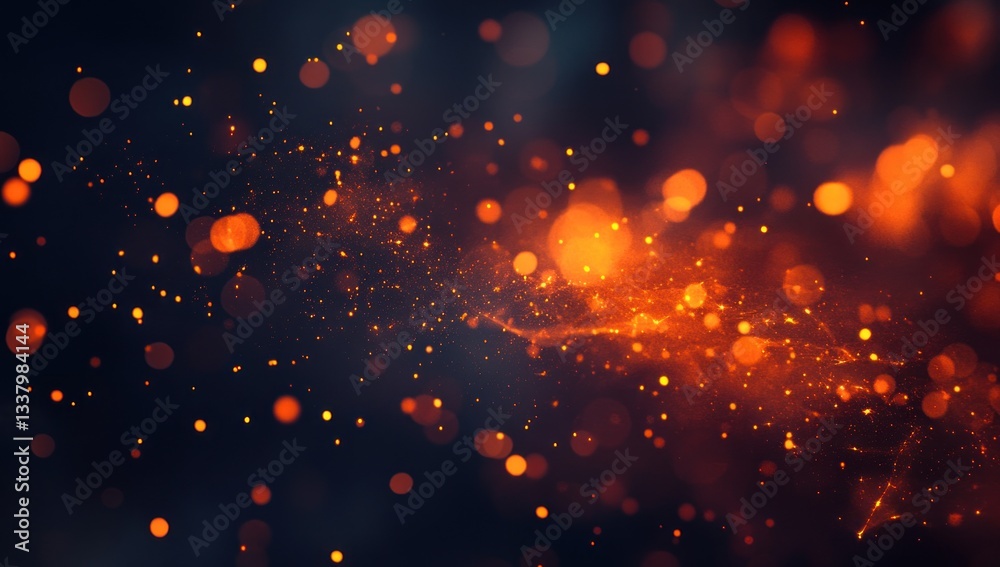 Fototapeta premium Sparkling bright orange lights and particles on dark blurred background