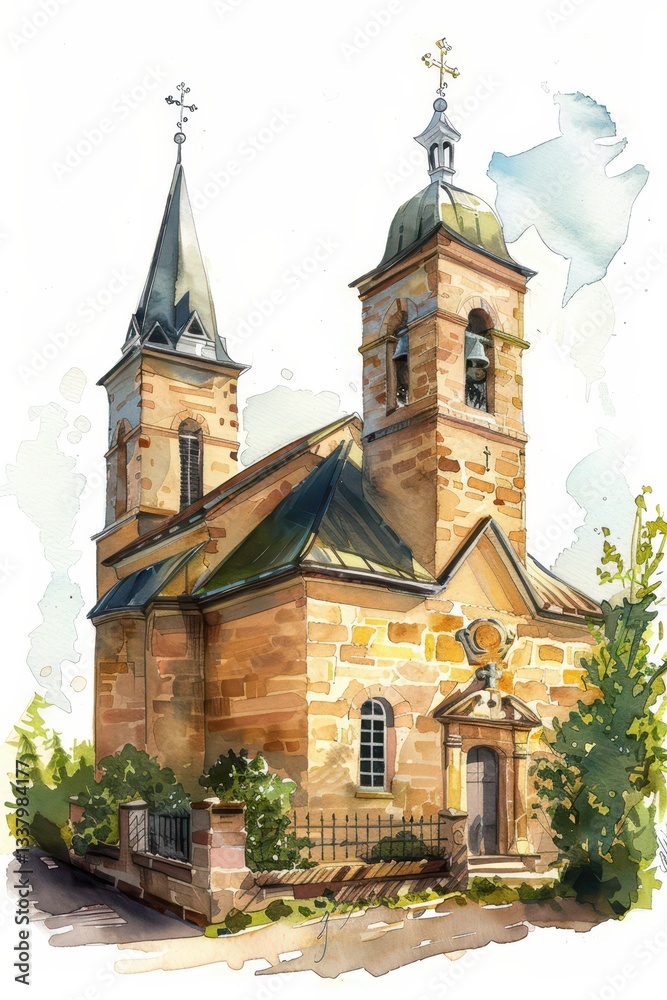 Historic stone church architecture with steeples and clock tower design for cards or posters. For wedding, first communion, baptism invitation, greating card. Watercolor illustration Historic stone church architecture with steeples and clock tower design for cards or posters. For wedding, first communion, baptism invitation, greating card. Watercolor illustration