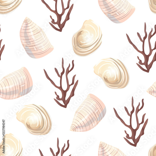 Coastal summer pattern with seashells and starfish. Seamless shell and sea-inspired design in soft tones