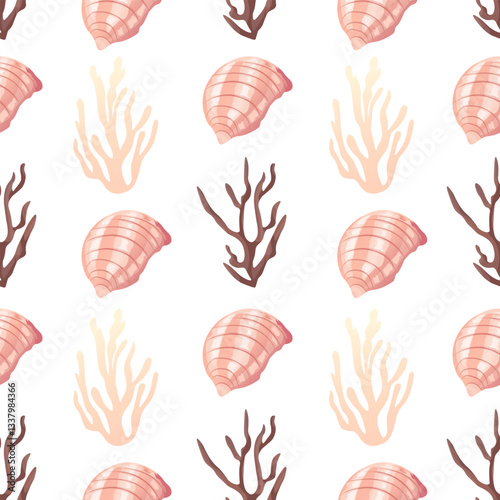 Coastal summer pattern with seashells and starfish. Seamless shell and sea-inspired design in soft tones