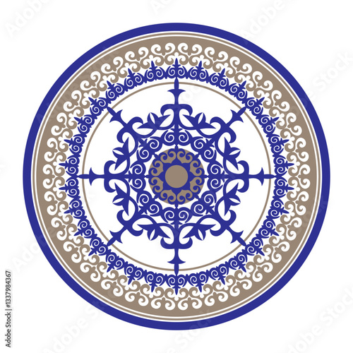 Decorative golden blue round ornament frame in oriental style with large pattern in the center, persian motif. Round pattern of the ancient nomad. For plate, embroidery, porcelain, sandblast, ceramic