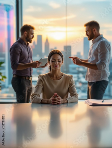 Woman in beige dress sits calmly at office table, meditating, while two men argue in background near window with cityscape at sunset. Concept of workplace stress. Ai generative