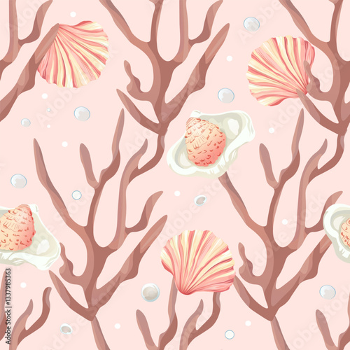 Coastal summer pattern with seashells and starfish. Seamless shell and sea-inspired design in soft tones