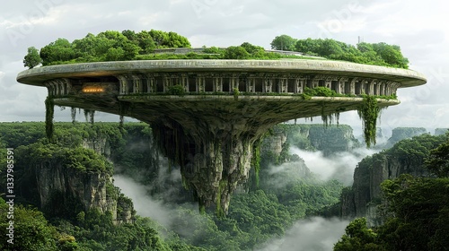 Elevated Circular Island Amidst Misty Cliffs