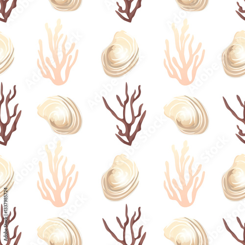 Seamless shell and sea-inspired design in soft tones
Summer-themed coastal pattern with seashells