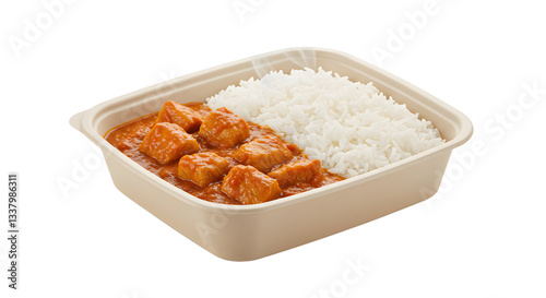 Hot chicken curry with white rice served in take out container