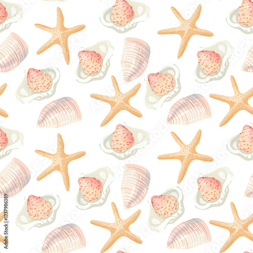 Seamless shell and sea-inspired design in soft tones
Summer-themed coastal pattern with seashells