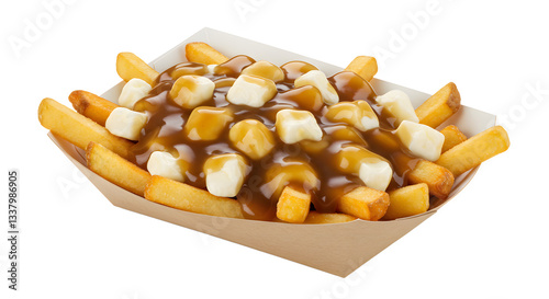 Poutine with French Fries Cheese Curds and Gravy in a Tray