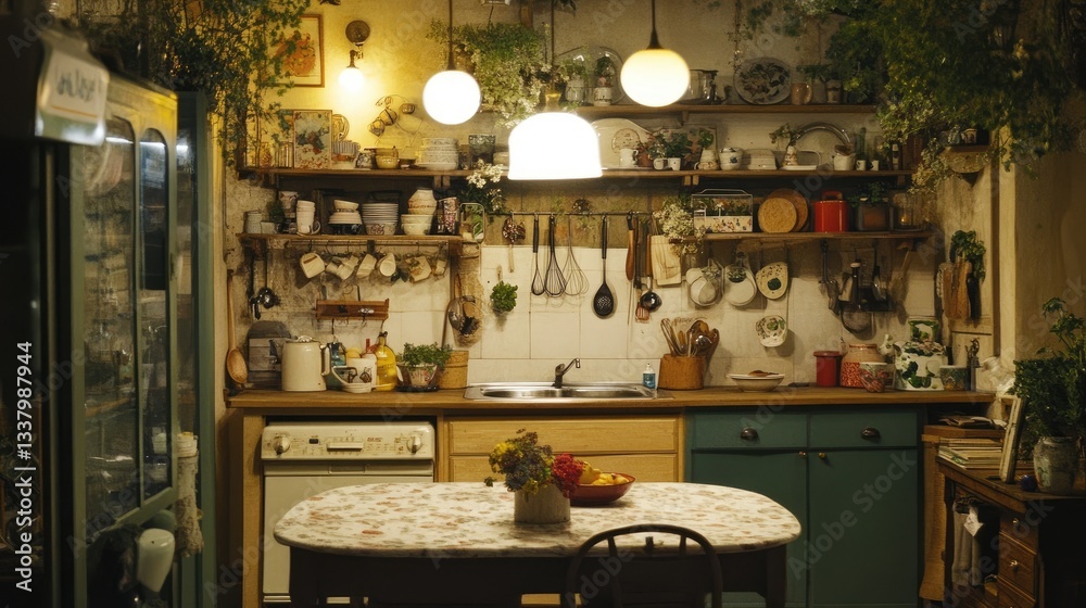 Fototapeta premium A cozy kitchen with warm-toned cabinetry and ambient lighting for a welcoming feel.