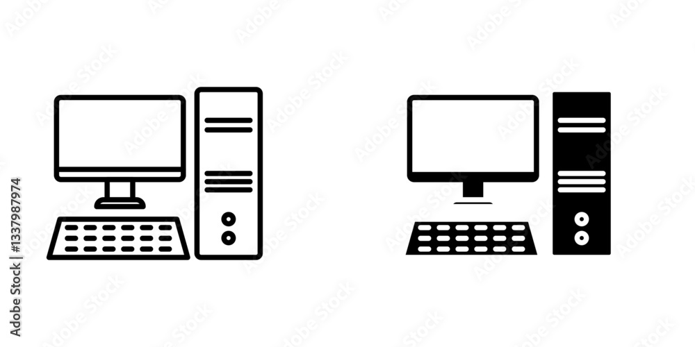 Computer flat Icons in line outline and flat solid style on white background Computer flat Icons in line outline and flat solid style on white background