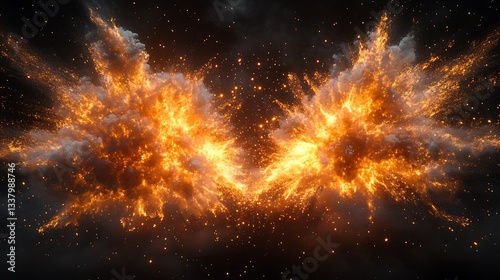 Wallpaper Mural Two opposing bursts of fiery sparks crashing together in slow motion, embers intertwining and forming a chaotic explosion of light, intense contrast, hyper-realistic lighting effects. --ar 16:9 Torontodigital.ca