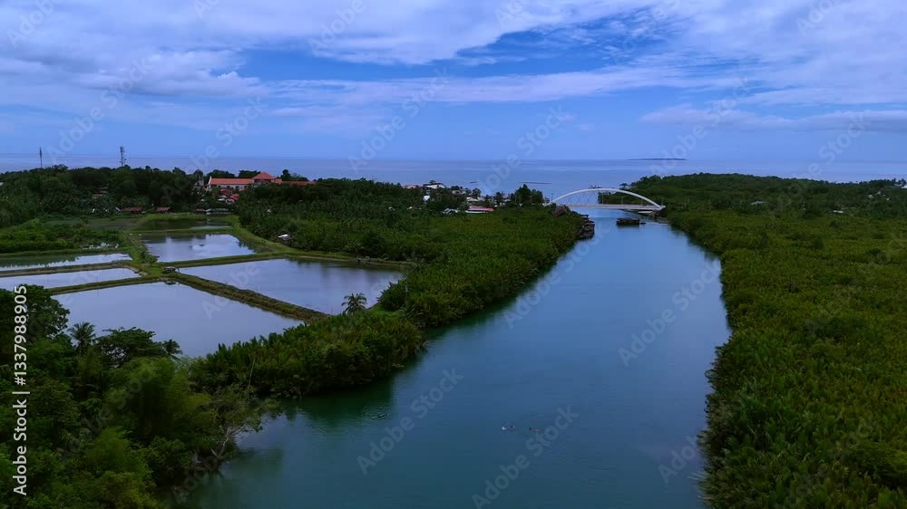 Aerial View of a Tropical River Leading to the Ocean with Green Landscape Aerial View of a Tropical River Leading to the Ocean with Green Landscape