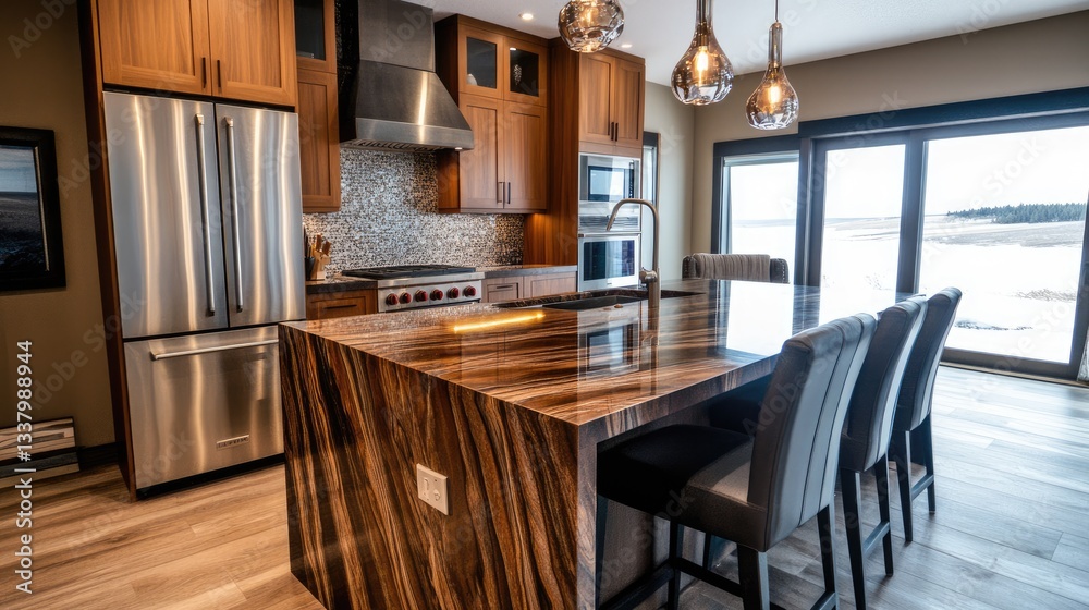 Fototapeta premium A high-end kitchen with a waterfall island countertop and luxury lighting.