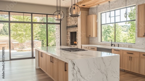 A high-end kitchen with a waterfall island countertop and luxury lighting.