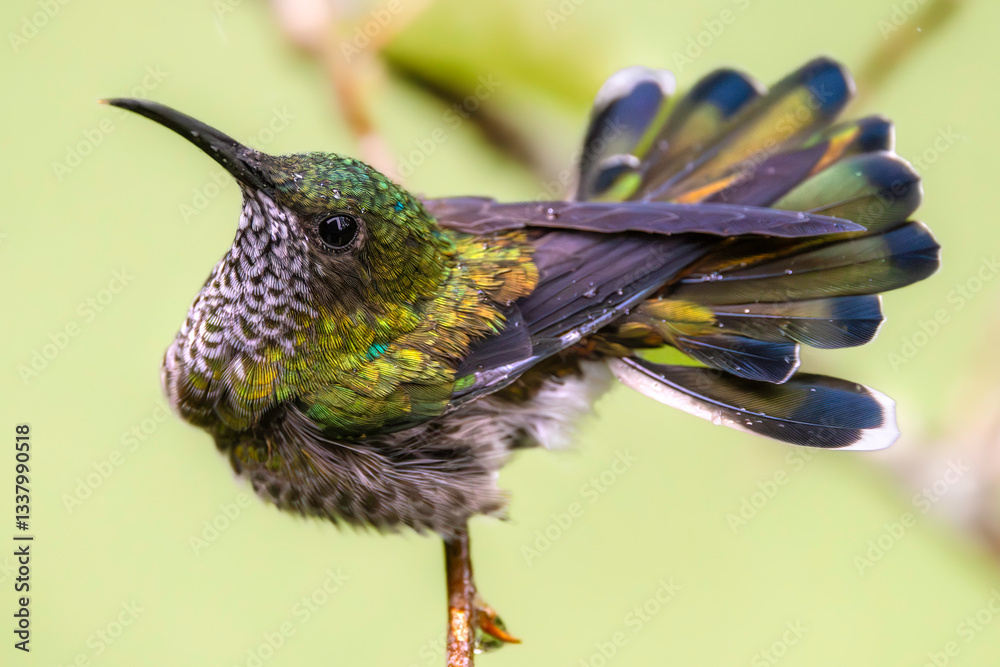 White-necked jacobin (Florisuga mellivora), female while bathing in the rain. Cartago Province, Turrialba, Costa Rica. Selective focus on bird's eye