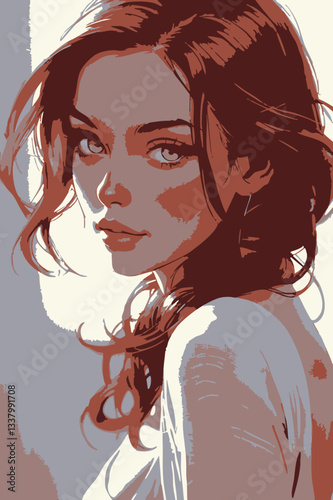 girl with long hair, redhead beautiful woman portrait illustrator vector art