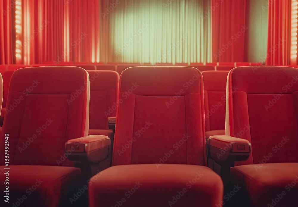 Obraz premium A row of red chairs in a theater. The chairs are empty and the theater is dark. The chairs are arranged in a row, with the first chair on the left and the last chair on the right