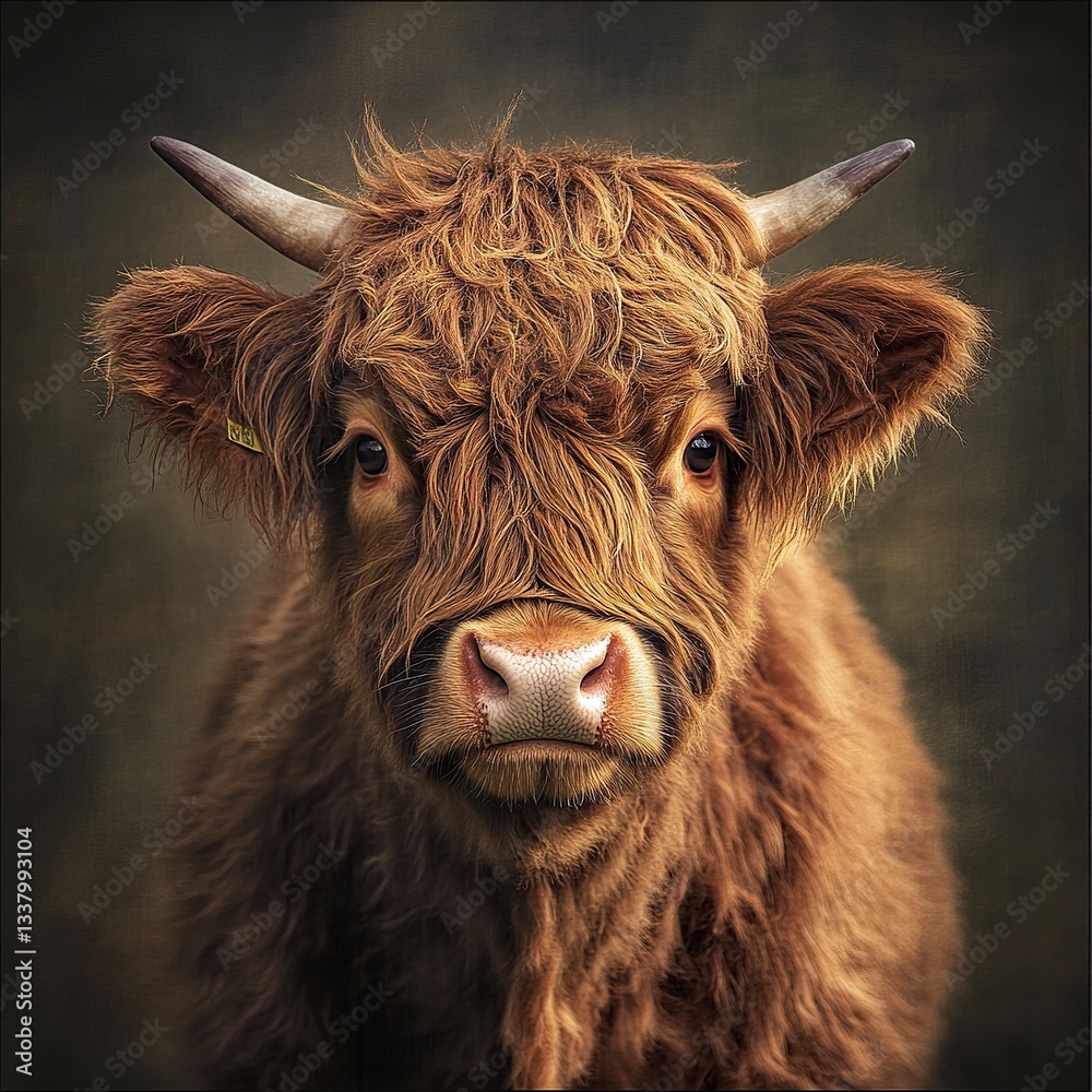 Fototapeta premium A Highland cow with thick shaggy fur, front-facing view, even soft lighting, centered composition