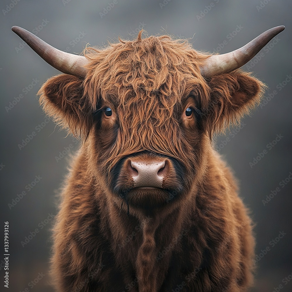 Fototapeta premium A Highland cow with thick shaggy fur, front-facing view, even soft lighting, centered composition 
