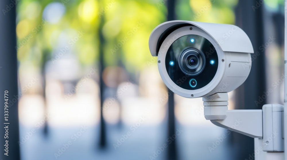 A security camera mounted on a wall with a blurred, green background, capturing a modern outdoor setting. A security camera mounted on a wall with a blurred, green background, capturing a modern outdoor setting.
