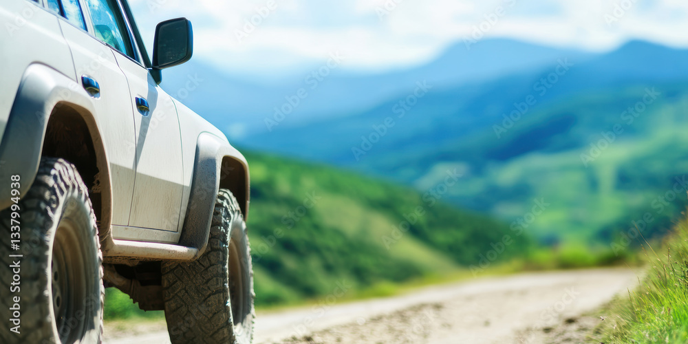 Fototapeta premium Off road vehicle on mountain road with lush green hills and blue sky adventure travel concept