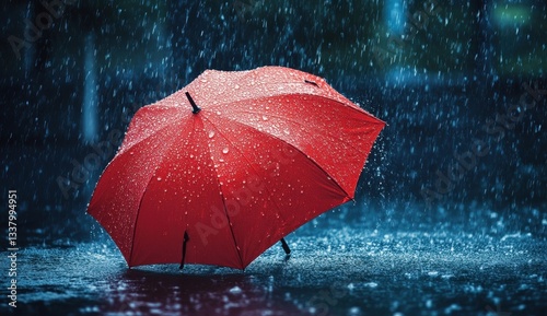 Vibrant red umbrella amidst heavy rainfall on a dark, rainy day.