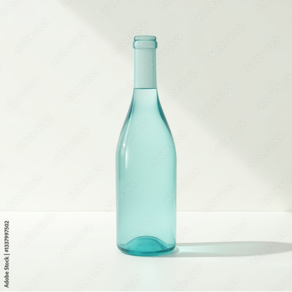 The bottle is the central focus, standing upright. It has a classic wine bottle shape with a long, slender neck and a slightly wider body that tapers towards the base. The bottle is made of a transluc