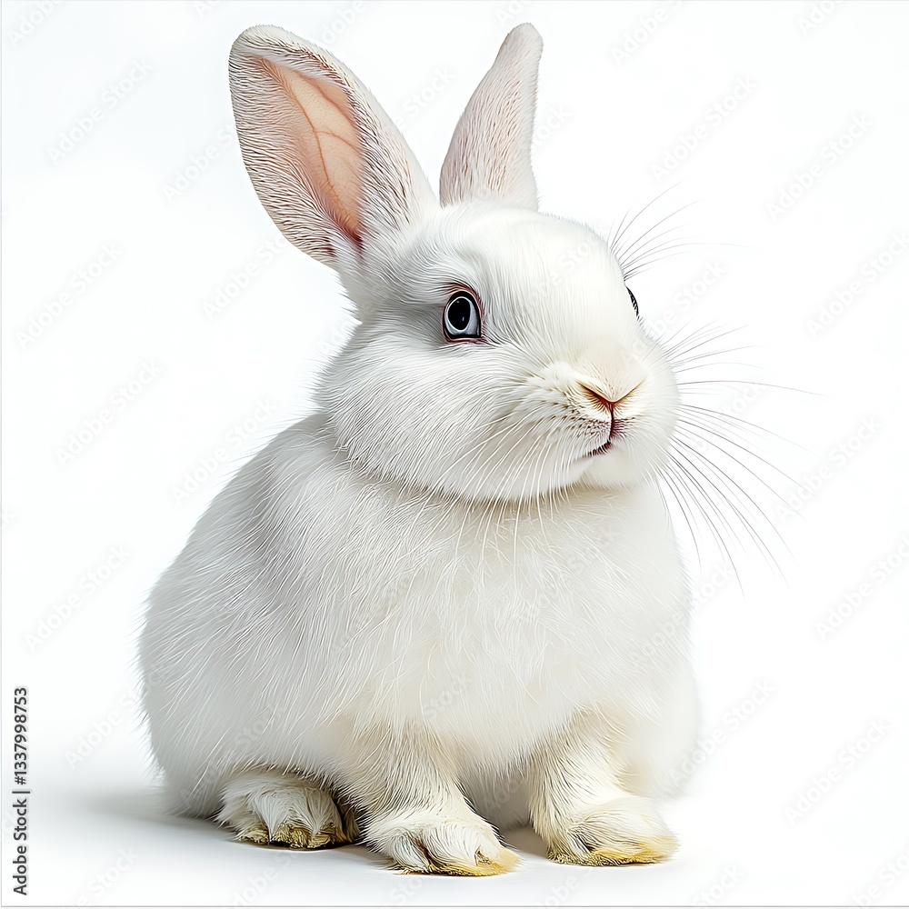 Obraz premium White Rabbit Sitting Upright on a Soft White Background