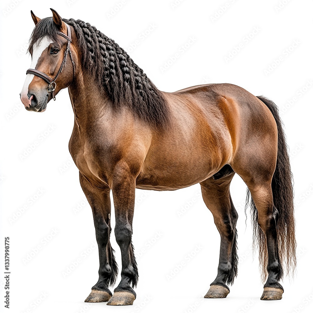 Fototapeta premium A large draft horse with a braided mane, muscular structure detailed, soft studio lighting, full-body shot, white background. 