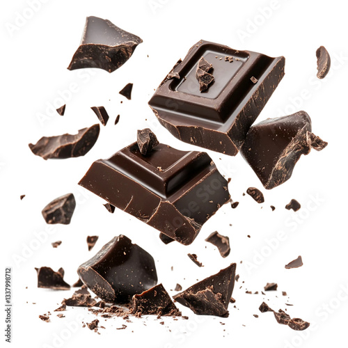 Flying dark chocolate pieces with choc flake isolated on transparent and white background