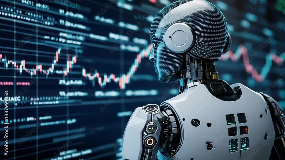Robotic figure analyzing stock market data in a high-tech environment