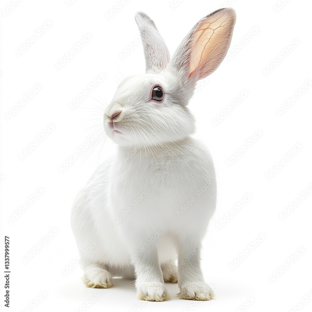 Fototapeta premium A large white farm rabbit standing alert, ears perked up, sharp fur detail, soft lighting, isolated on white. 